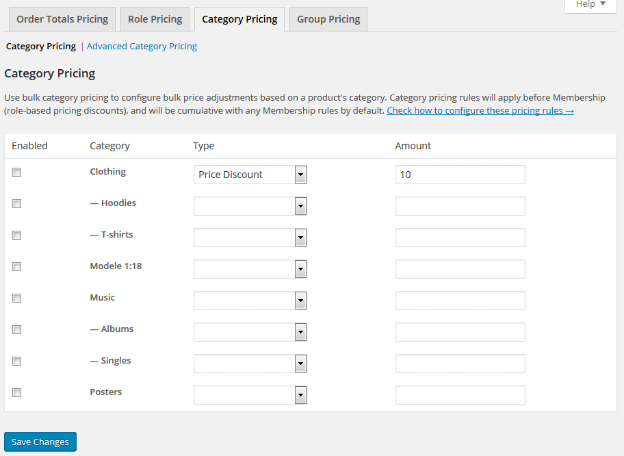 Category Pricing Settings