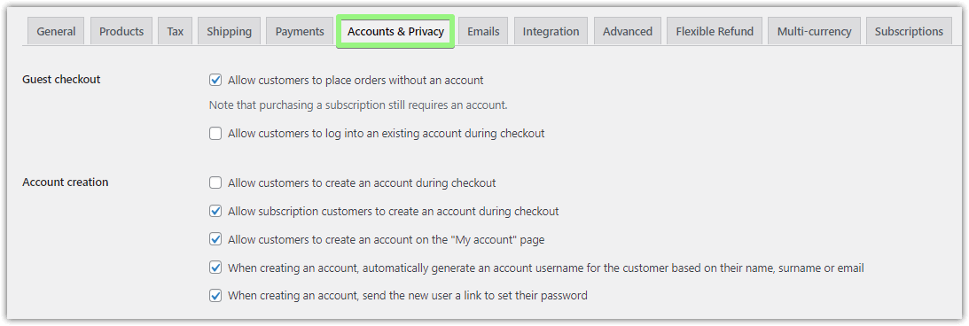 Accounts & Privacy tab for WooCommerce user accounts