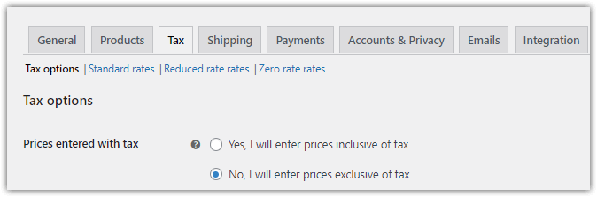 WooCommerce settings: Tax tab