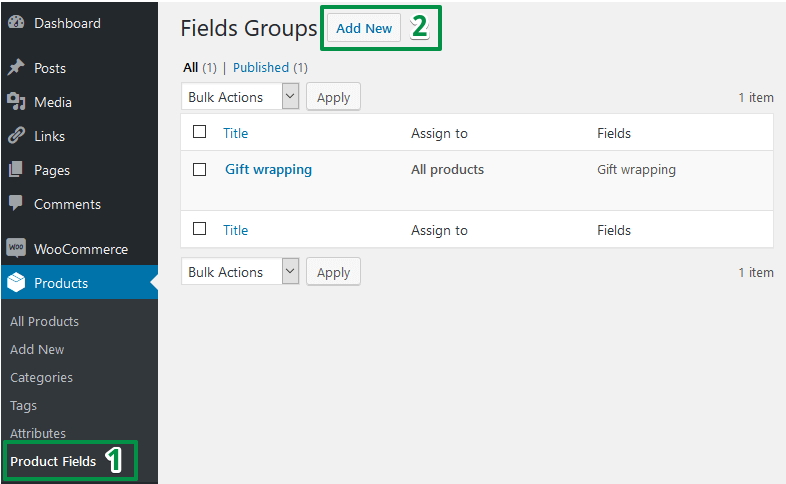 WooCommerce product add ons - adding a new fields group