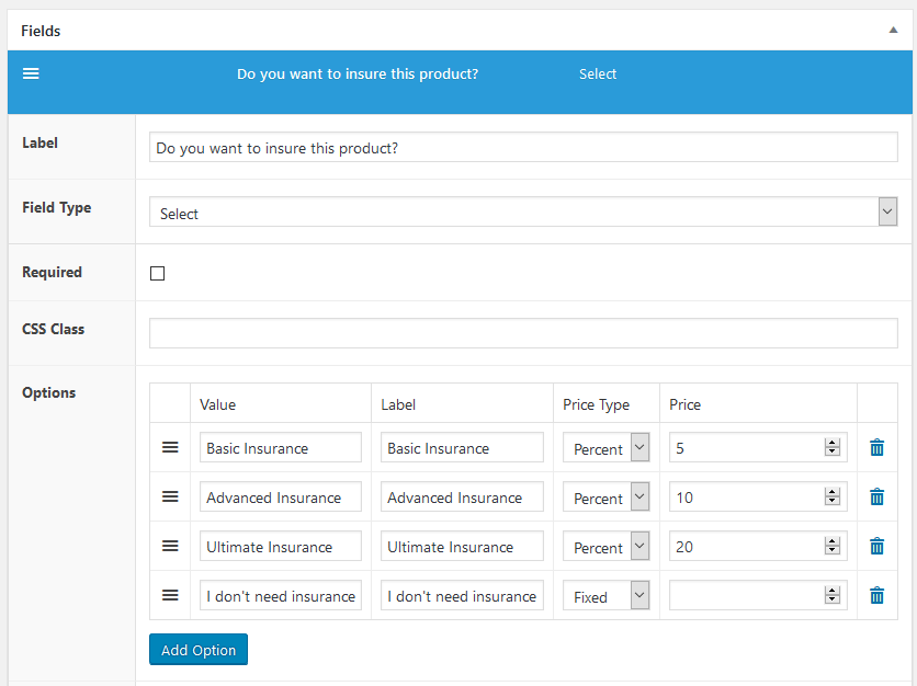 WooCommerce Product Insurance - Select field
