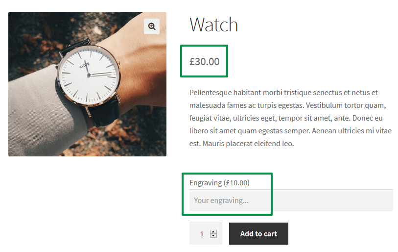 WooCommerce Product Engraving - price on the product page