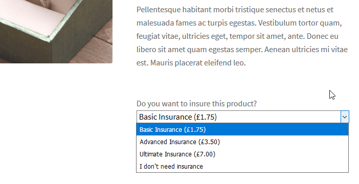 WooCommerce Product Insurance - select an option