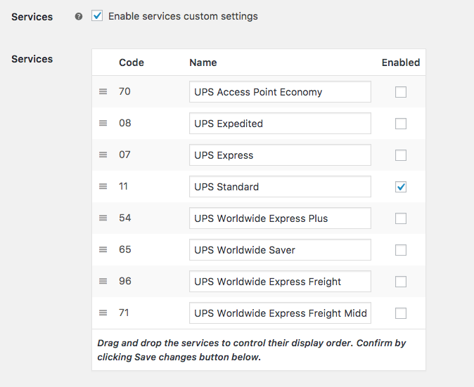 WooCommerce UPS - services custom settings