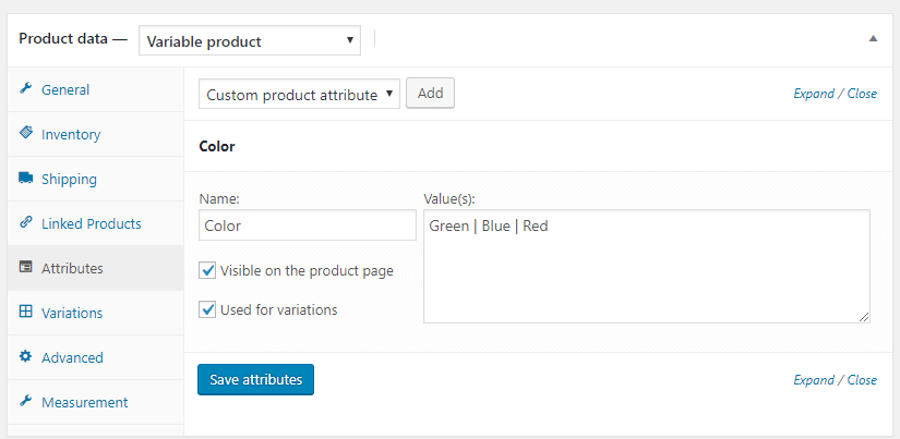 Product attributes in WooCommerce 