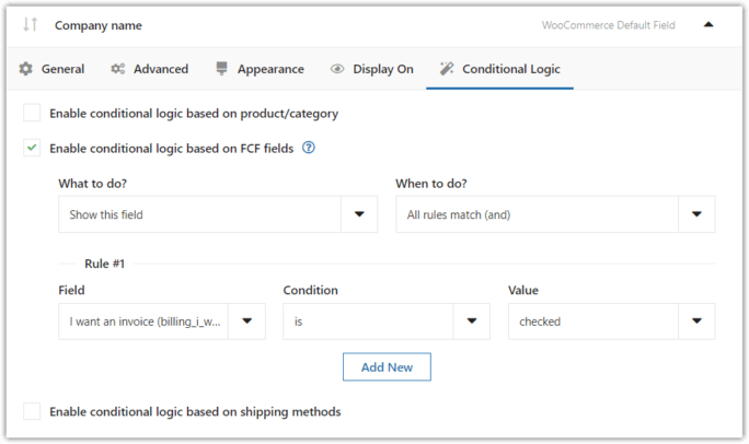 conditional logic tab in woocommerce default field settings