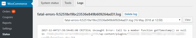 WooCommerce error logs