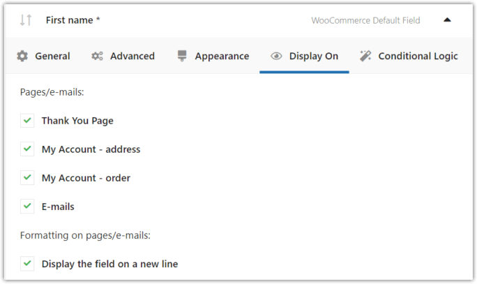 Custom checkout fields WooCommerce - Display On Settings