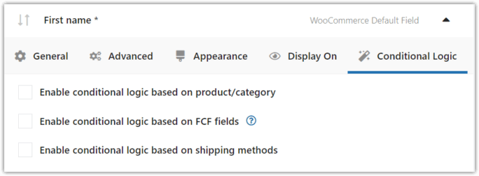 Field's advanced settings. Set conditional logic in WooCommerce checkout.