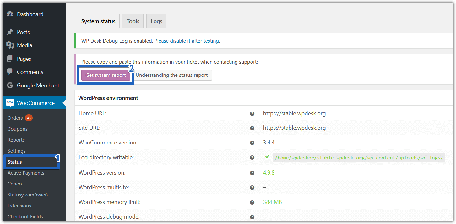 System status. WORDPRESS checkout plugin for WORDPRESS. WC logs. "System status code" & ht1100 & pdf.