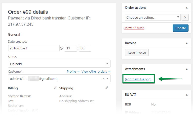 Edit WooCommerce order: uploaded file as an attachment