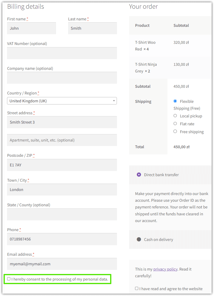 Checkbox in the billing section