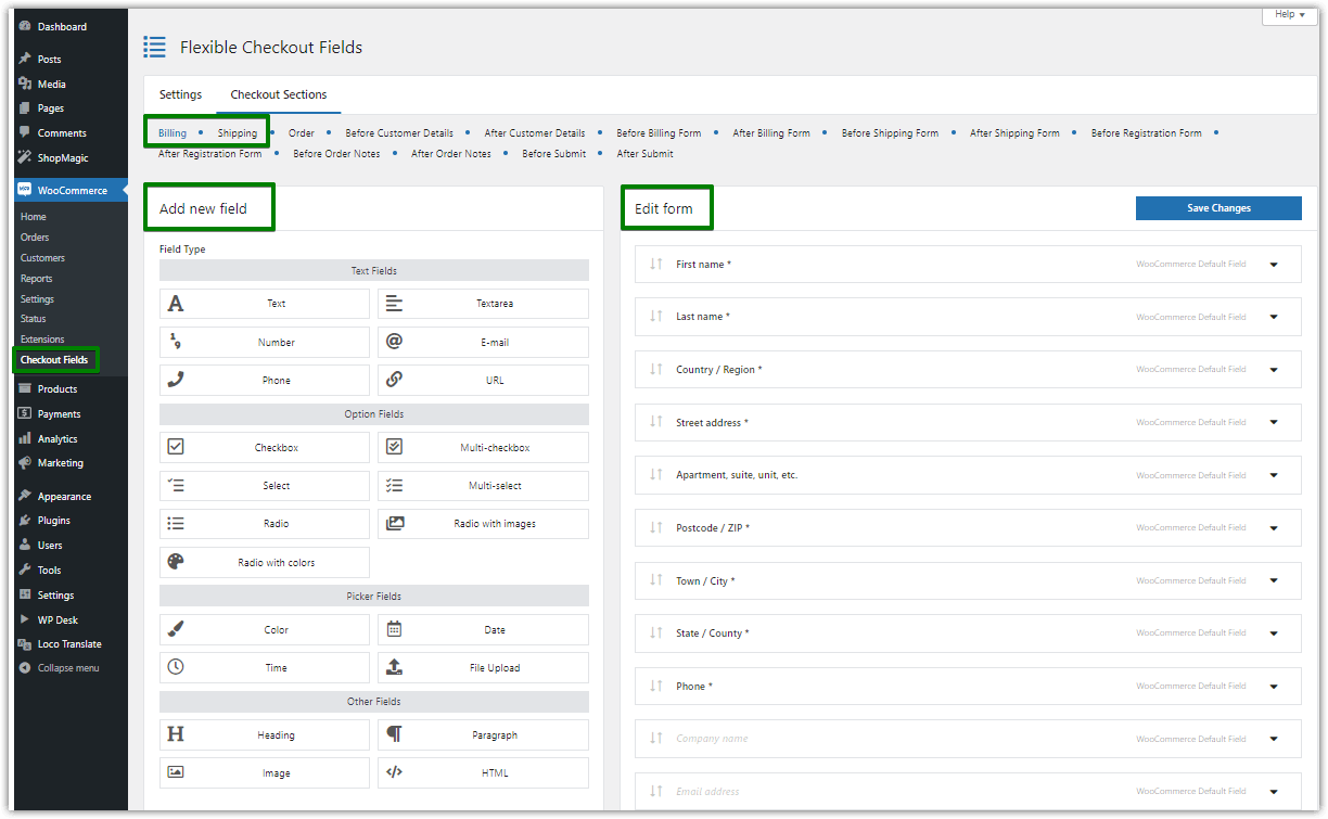 Add new field in Flexible Checkout Fields. Shipping and Billing in the WC Checkout