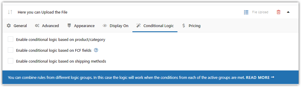 conditional logic for woocommerce checkout file upload