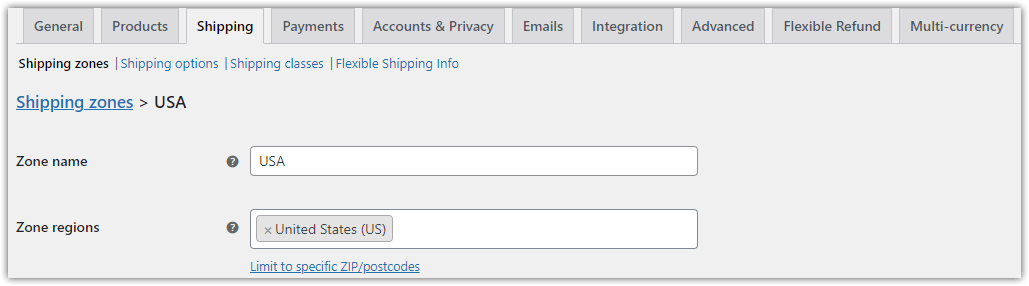Shipping zones in WooCommerce settings