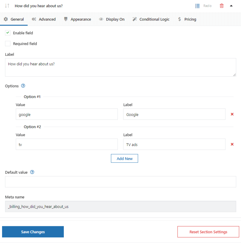 flexible checkout fields woocommerce radio buttons