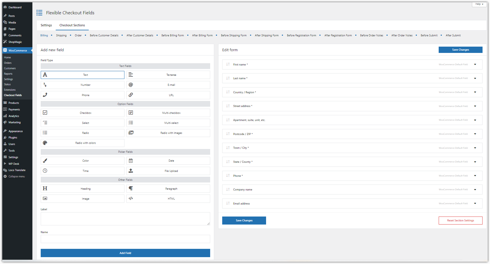 Flexible Checkout Fields - available fields