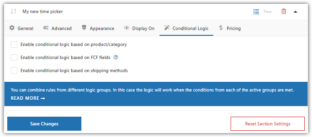 Conditional logic settings in time picker field