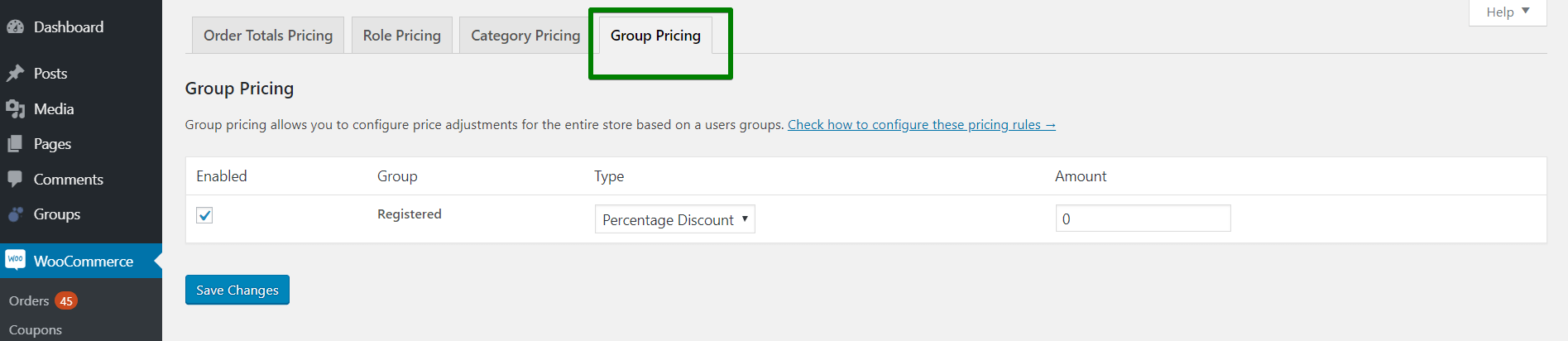 WooCommerce group pricing field in settings page