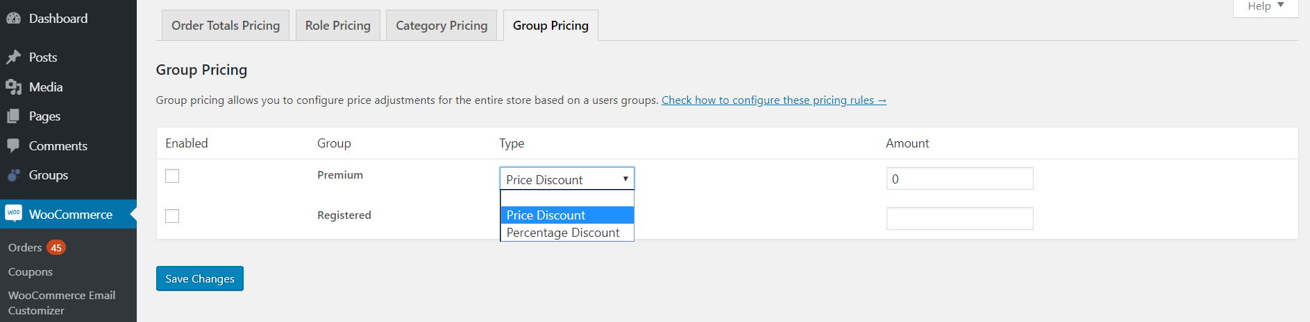 WooCommerce group pricing rule