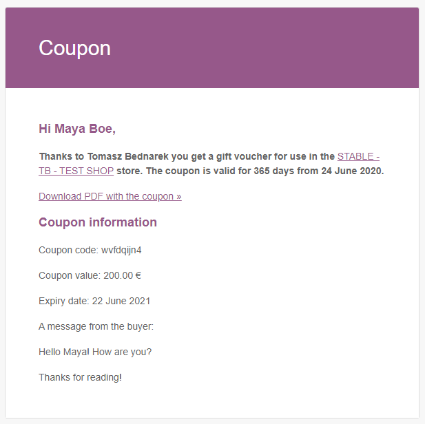 Email with a gift card coupon code