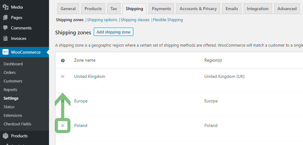 WooCommerce shipping zones - shipping methods for country