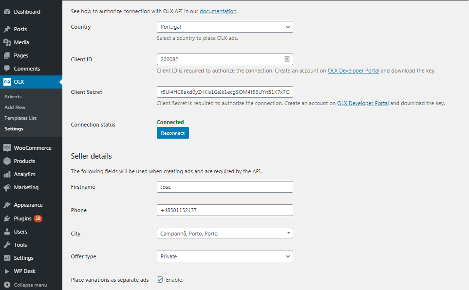 Settings and connecting to OLX API