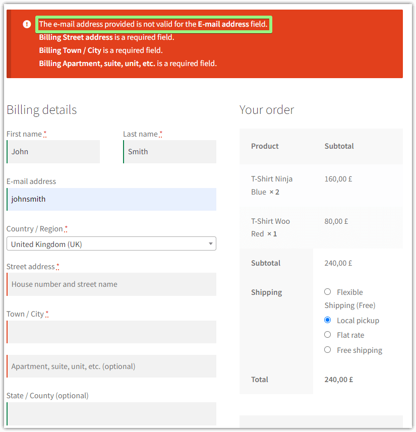 Error messages for checkout field validation in WooCommerce