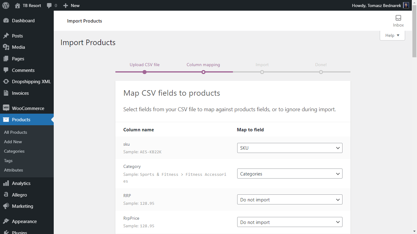 Import products - Map CSV fields