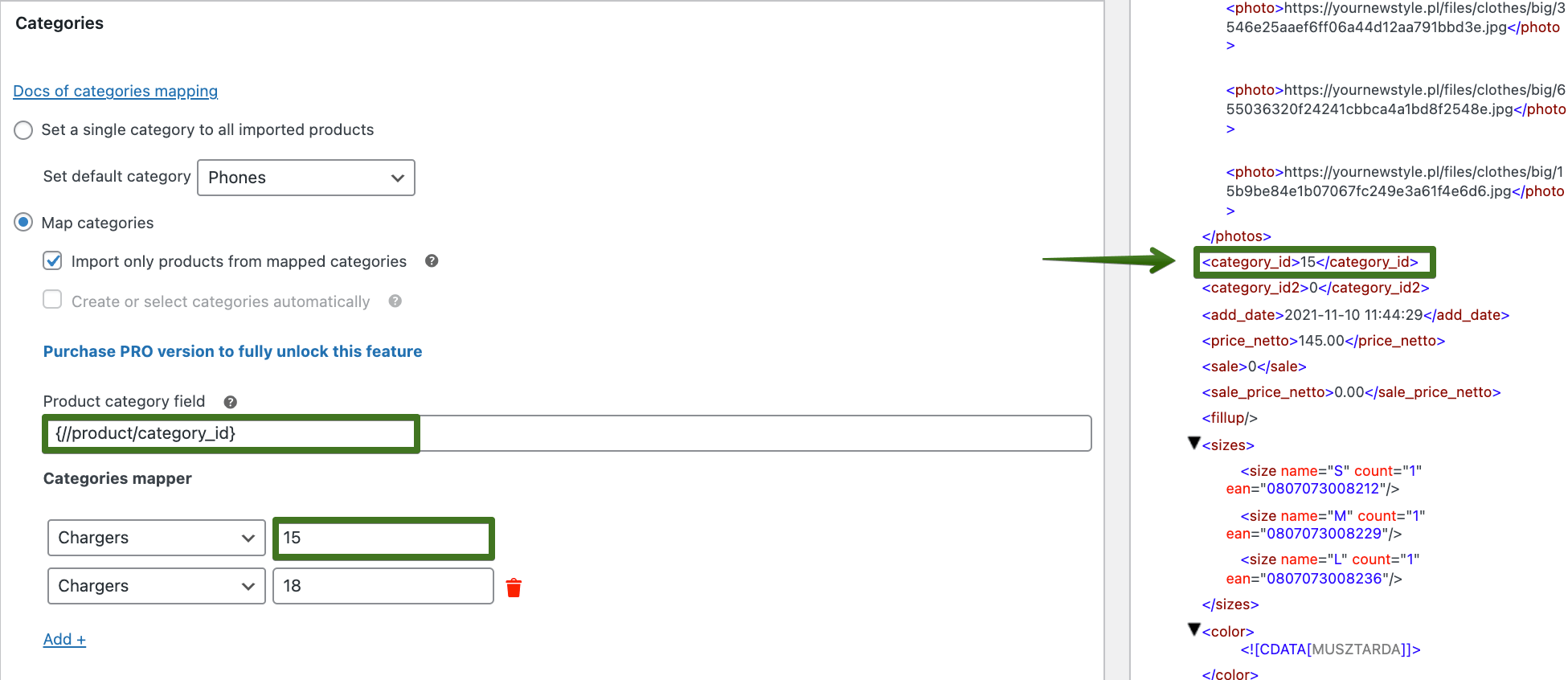 Dropshipping XML WooCommerce - import categories through category mapping from an xml file