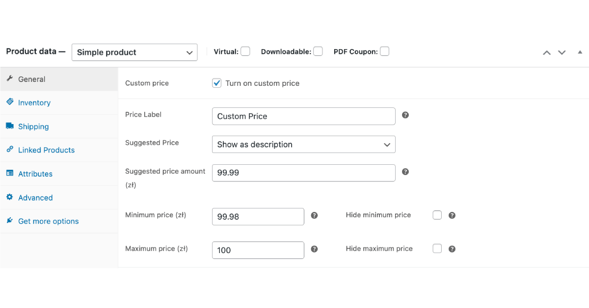 Custom Price for WooCommerce - product settings