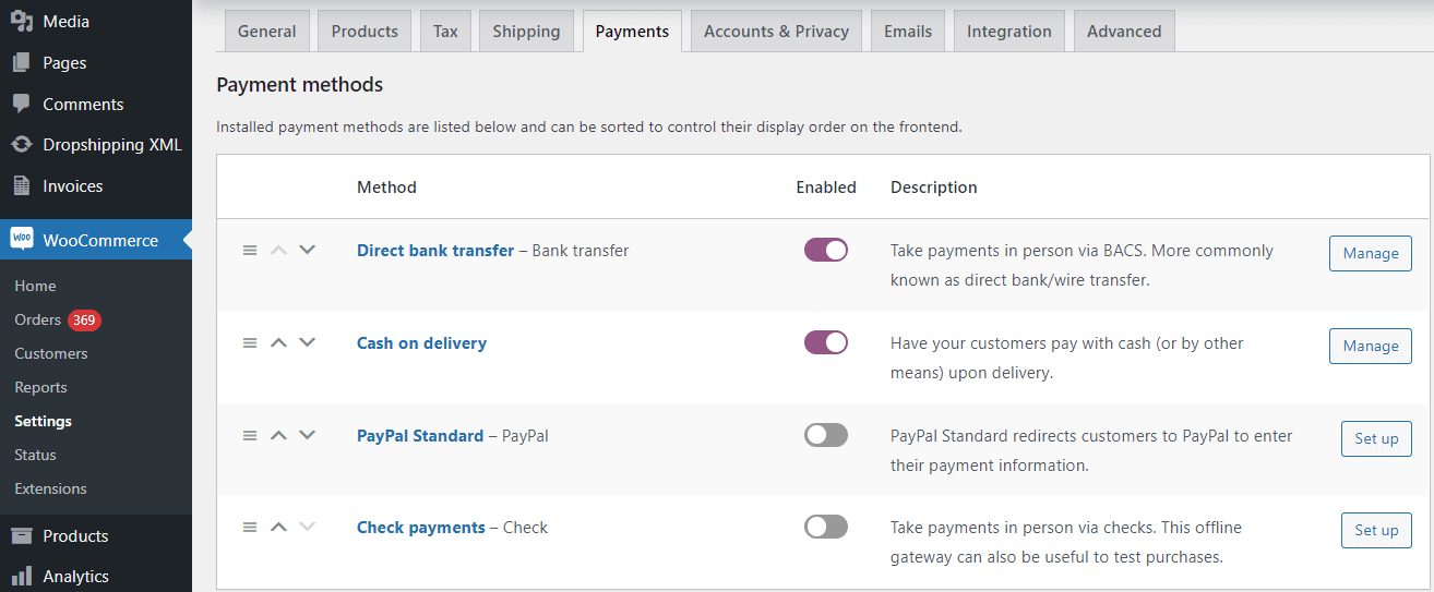WooCommerce Payments - payment methods