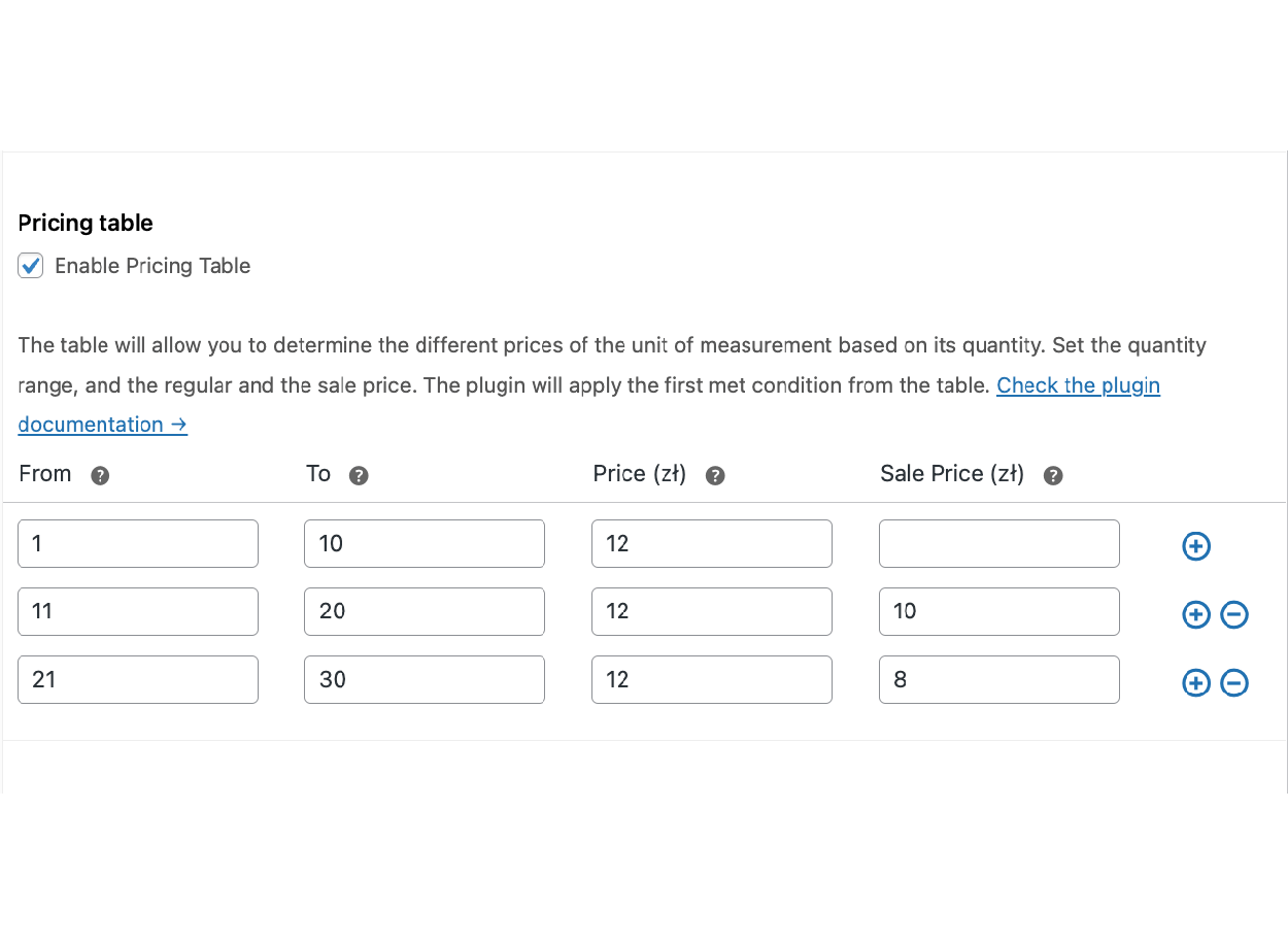 Pricing Table - dynamic prices for WooCommerce products in the Measurement Price Calculator plugin