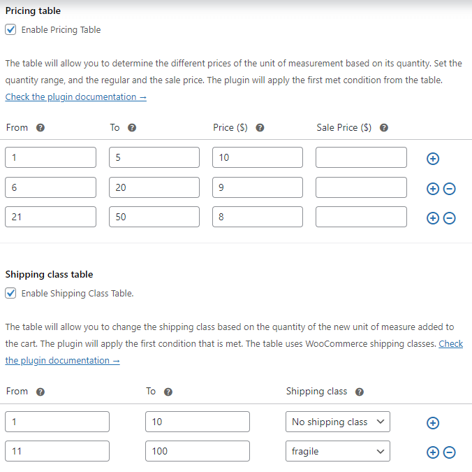 Additional plugin settings - pricing and shipping class tables