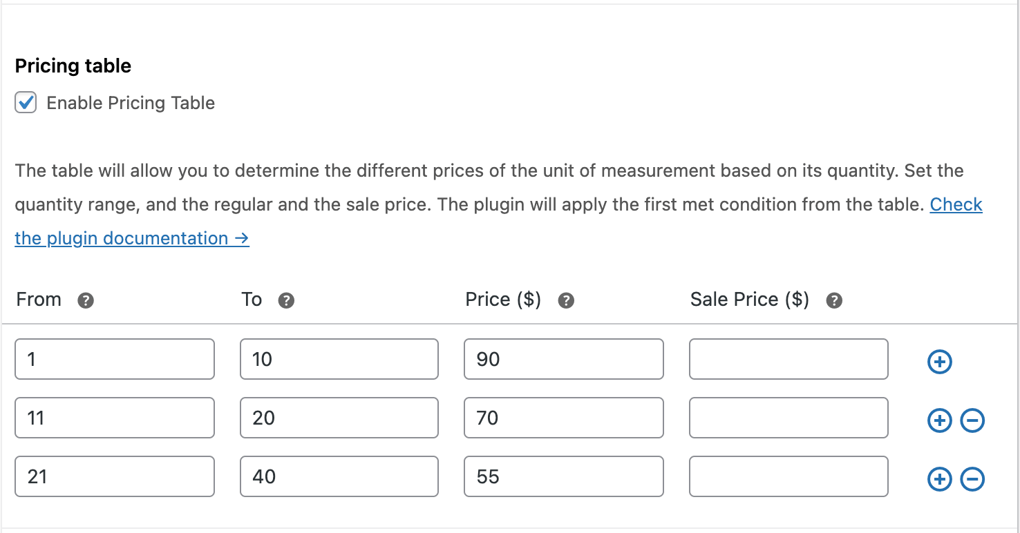 Dynamic prices with the pricing table - prices based on the quantity of the new unit of measure of the WooCommerce product