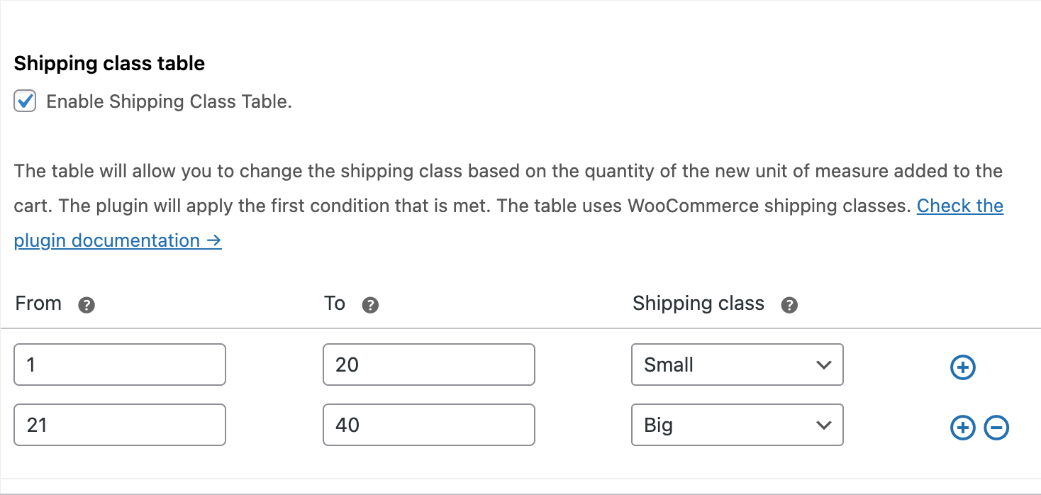 Shipping class table - change the WooCommerce product shipping class based on the quantity of the new unit of measure to adjust the shipping cost