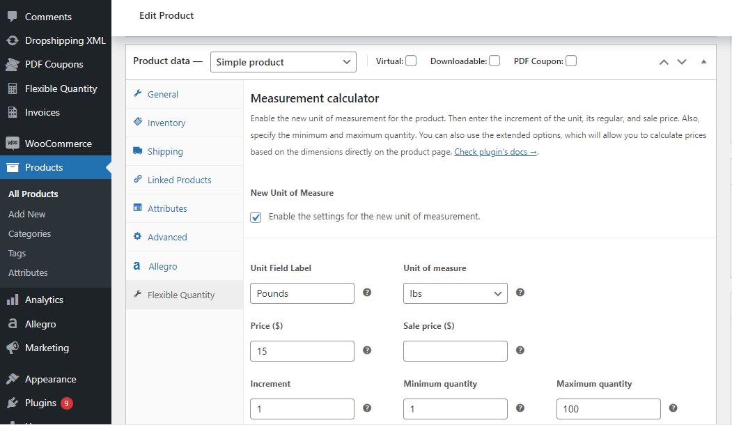 Set the WooCommerce new unit of measure for a simple product