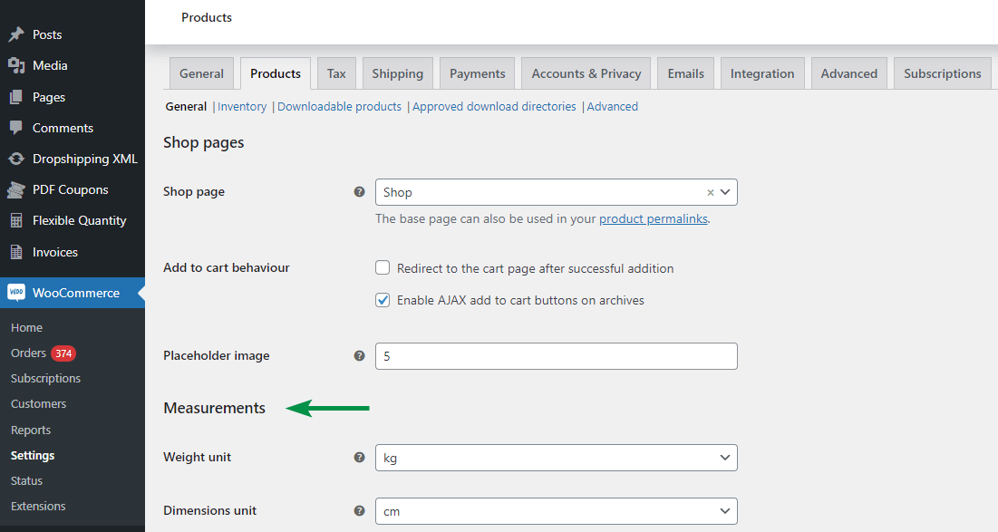 Standard weight and dimensions units for WooCommerce products