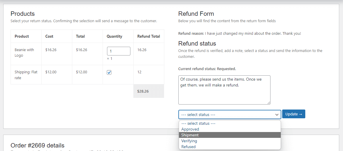 Add a note to the customer and change the refund request status