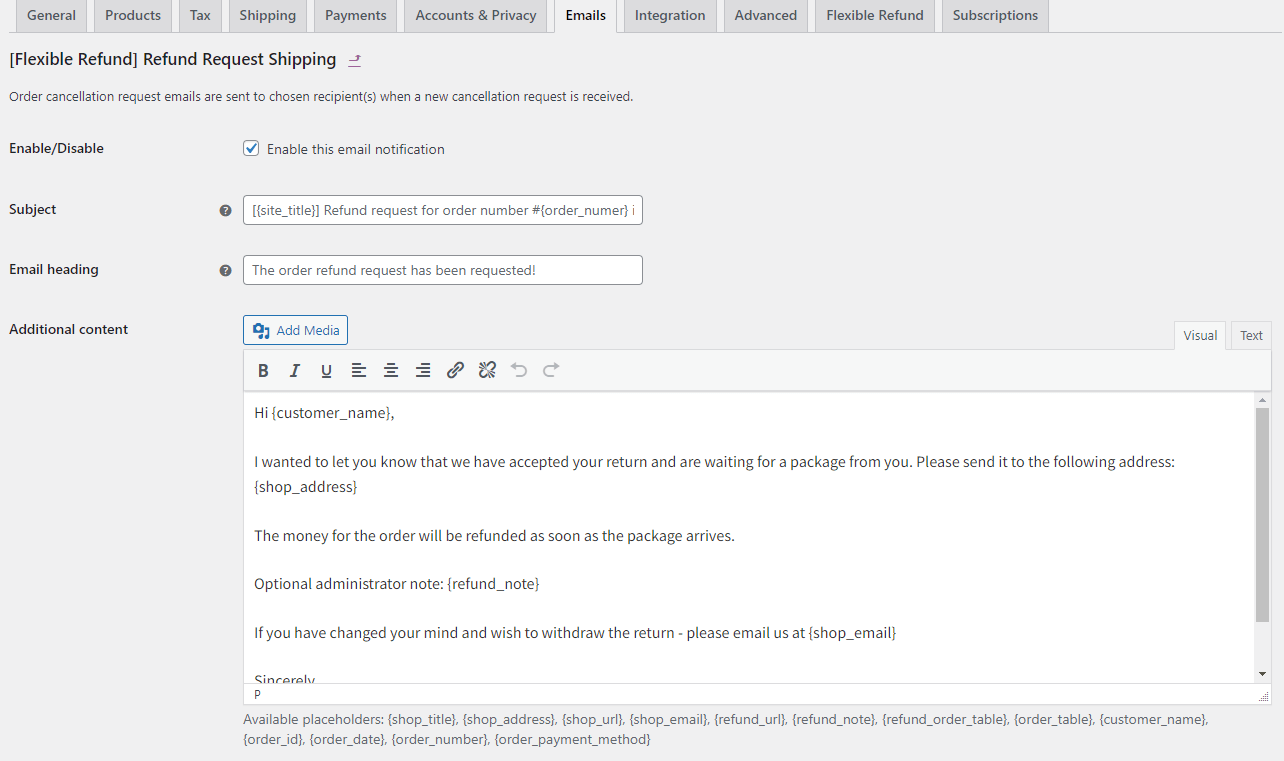 Customize refund request emails in WooCommerce