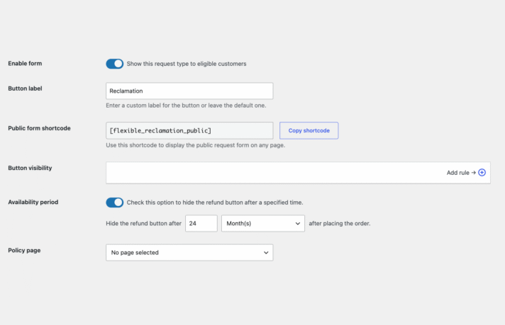 Reclamation form settings with button label and policy page options