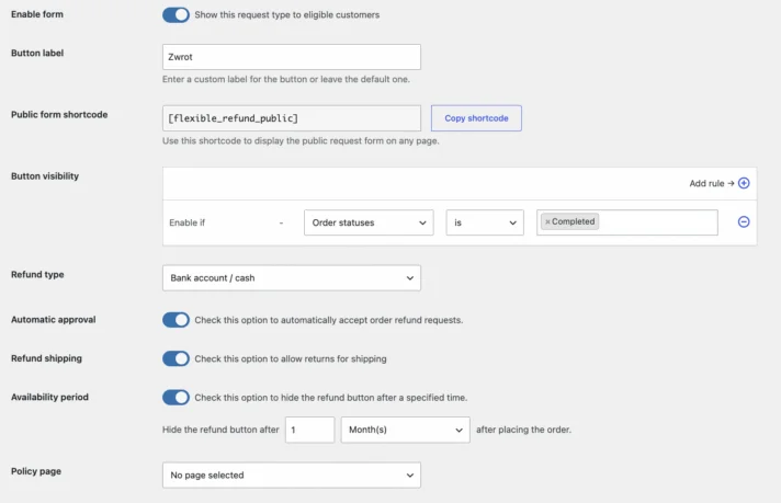 Refund form settings in the Flexible Refund plugin for WooCommerce