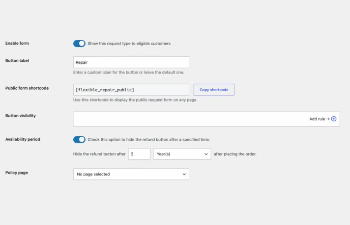 Repair form settings added for the EU right to repair directive