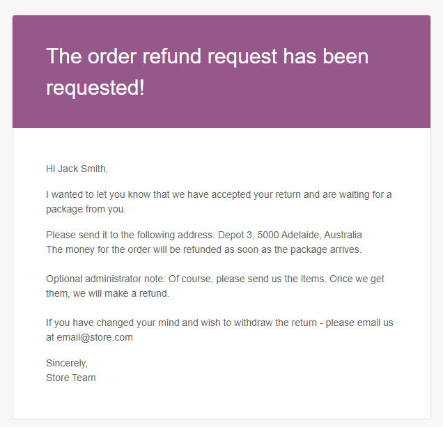 Refund request email from the Flexible Refund plugin