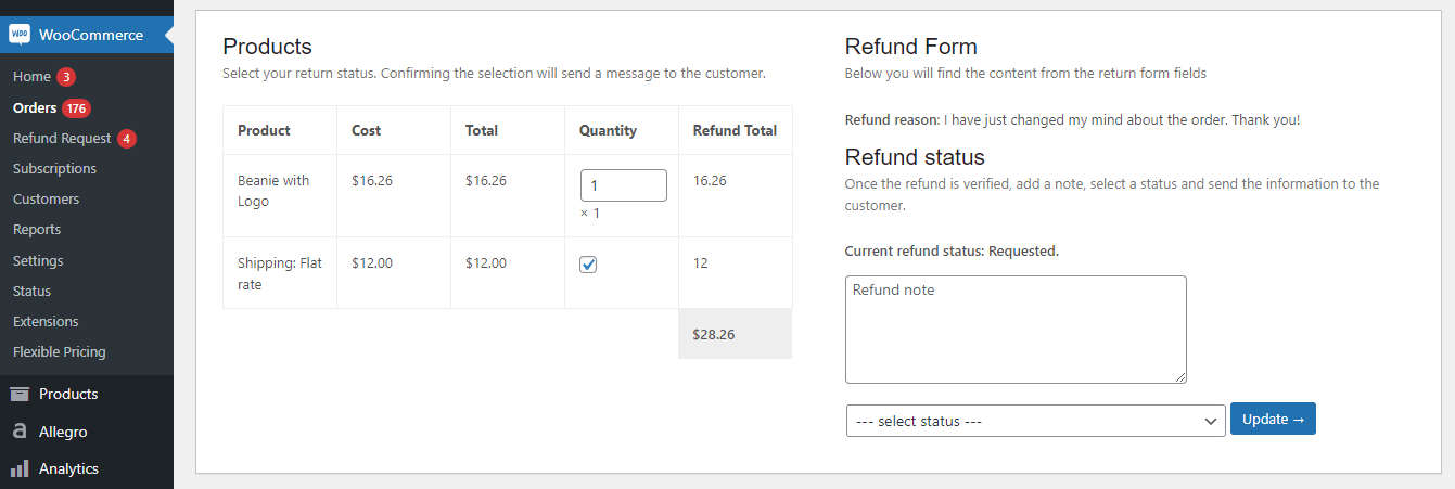 The refund request metabox in the WooCommerce order edit screen