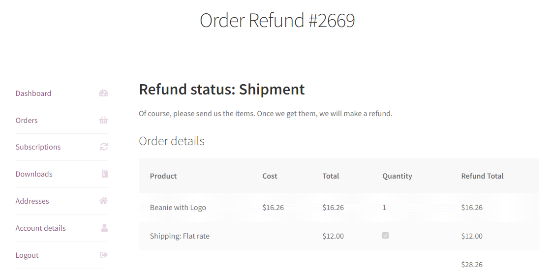 WooCommerce order refund - refund status and a message