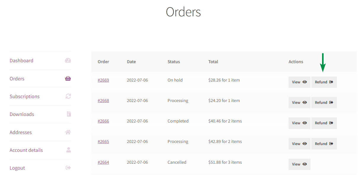 WooCommerce refund buttons for orders - My Account view