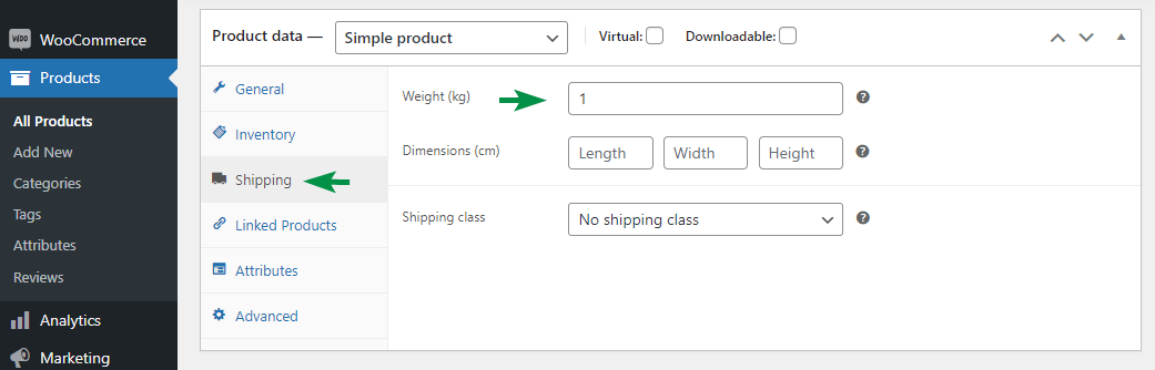 Weight and dimensions of the product in the product data section