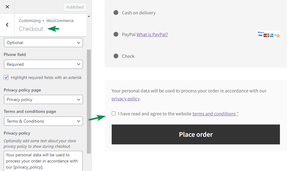 Terms and conditions checkbox in the WooCommerce checkout form