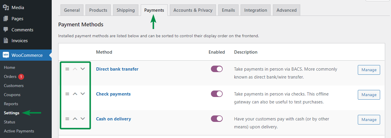 Manage WooCommerce payment methods and their options